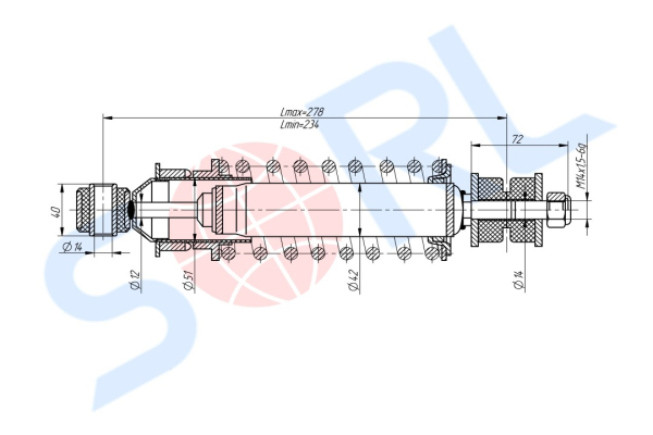 Амортизатор кабины пружинный 234/278, I/O, 14x72/14x40 DAF (CB0237)